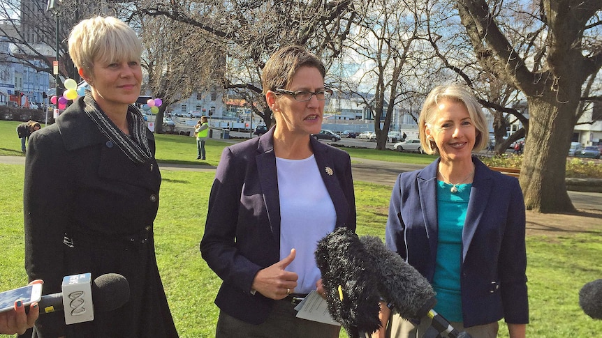 Tasmanian Greens MPs Andrea Dawkins, Leader Cassy O'Connor and Rosalie Woodruff.