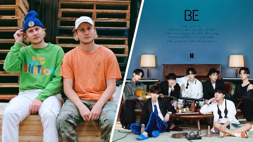 A collage of Sydney duo Cosmo's Midnight and K-pop group BTS
