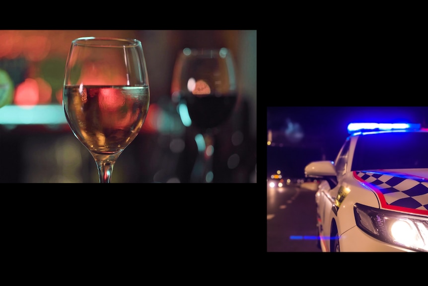 A composite image of a wine glass in a bar and a police car at night. 