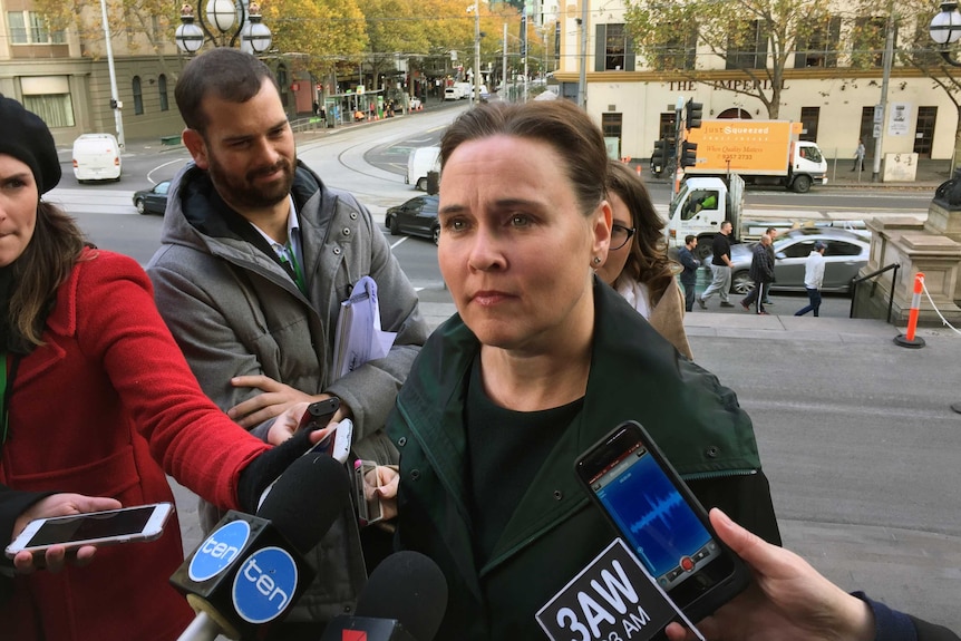 Jane Garrett speaks to reporters on the steps of Parliament House.