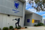 A general view of Cricket ACT headquarters, including a silhouette of a batter hitting a ball.