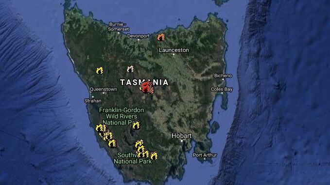 Geoscience Australia sentinel hotspots map of Tasmania Sunday January 20, 2019.
