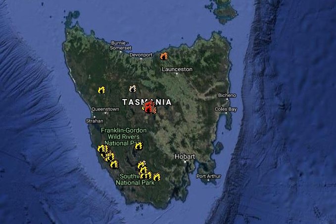 Geoscience Australia sentinel hotspots map of Tasmania Sunday January 20, 2019.