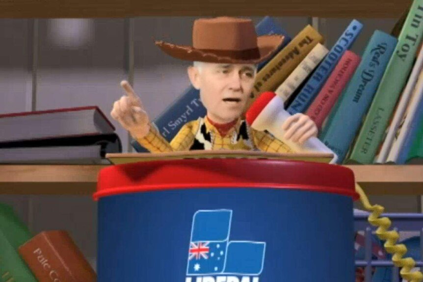 Woody from Toy Story is digitally altered to have Malcolm Turnbull's face.