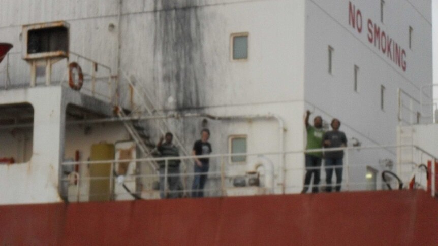 Crew members of MT Marida Marguerite as they finally reach land after more than seven months at sea.