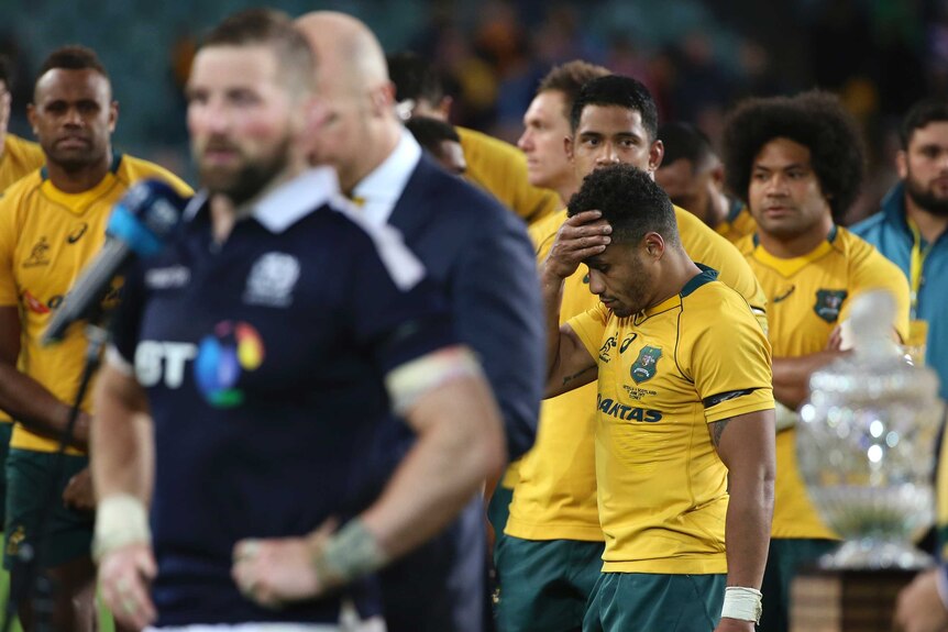 Will Genia looks miserable after the Wallabies' loss to Scotland