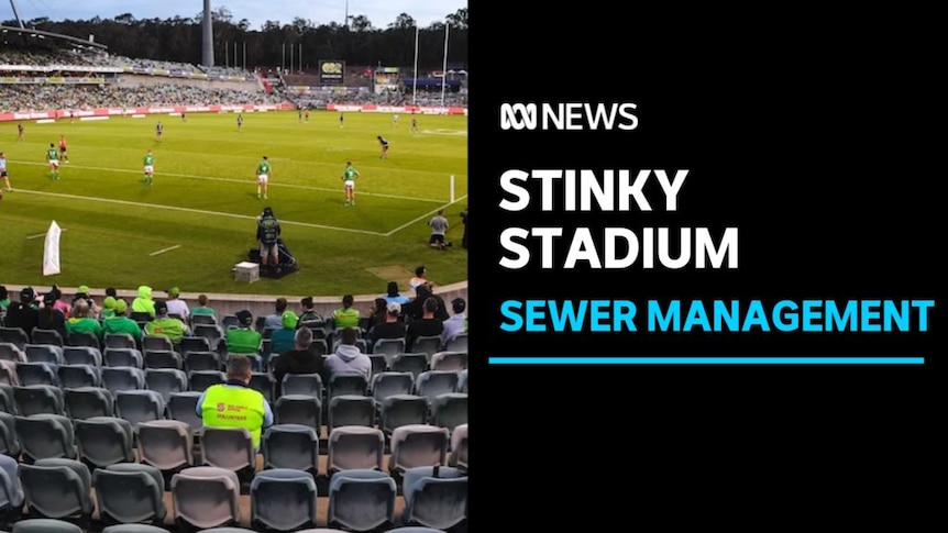 Stinky Stadium, Sewer Management: View from a Canberra Stadium grandstand of a rugby league game being played.