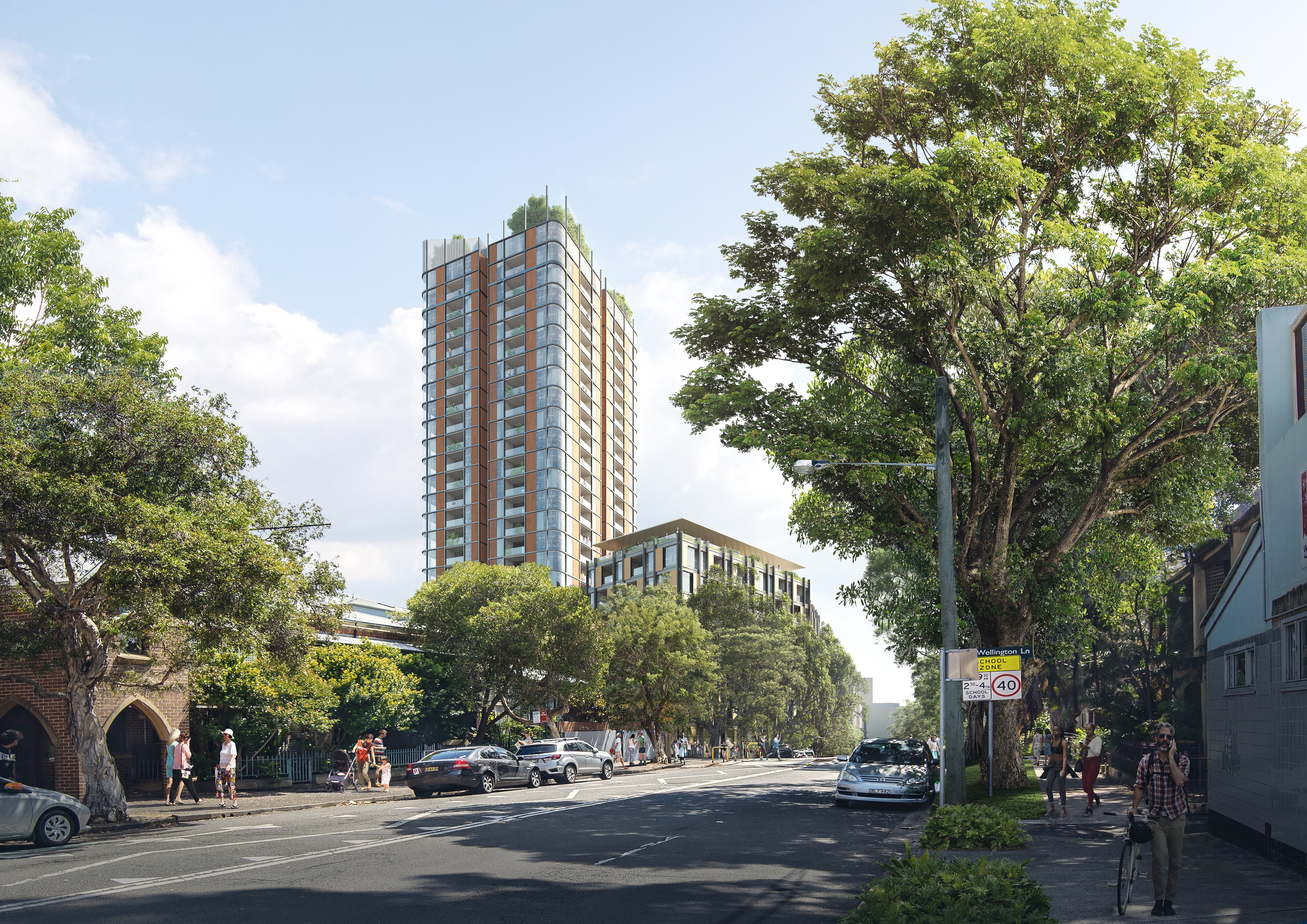 Photo illustration of tree-lined Waterloo South street ahead of a state government development, housing tower in the background