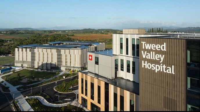 An image of a modern hospital building with Tweed Valley Hospital written on it in big letters.