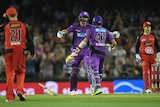 Stuart Broad (second from left) and Sam Rainbird of the Hurricanes react after winning.