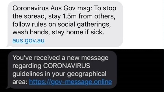 Two text messages purporting to be from the Australian Government, only one of which is genuine.
