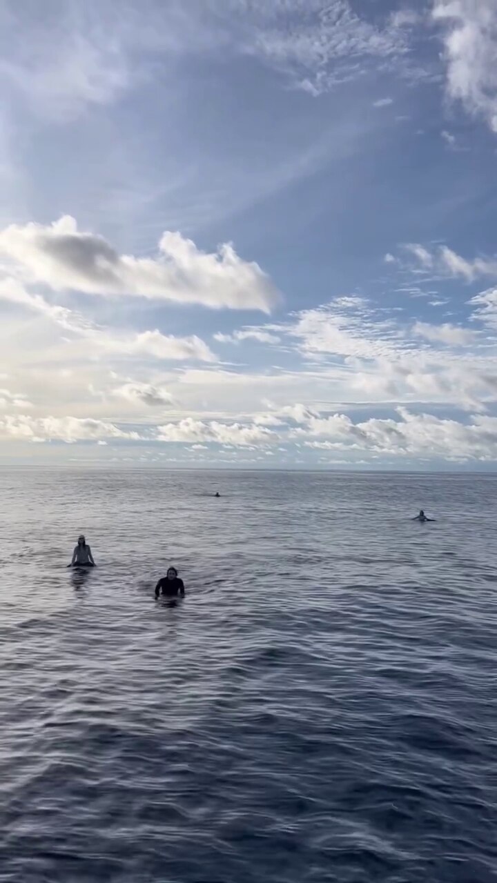 Four people on surf boards bobbing in the ocean, beneath a pale blue sky with clouds
