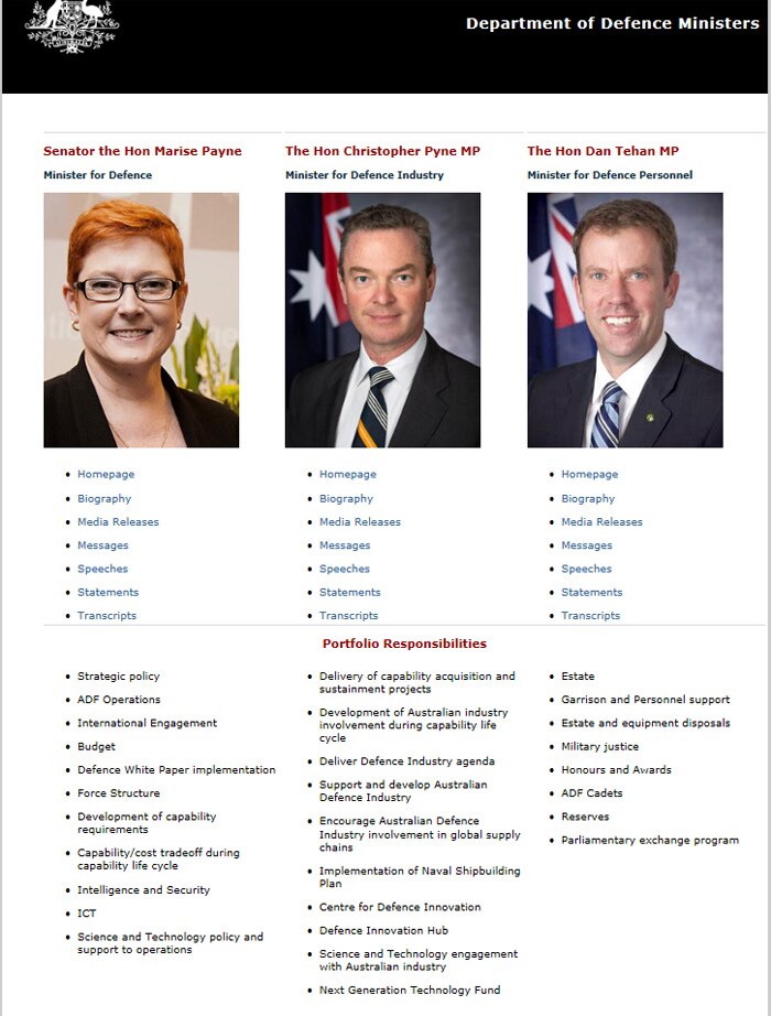 The responsibilities of each of the three Defence ministers explained on the Department's website.