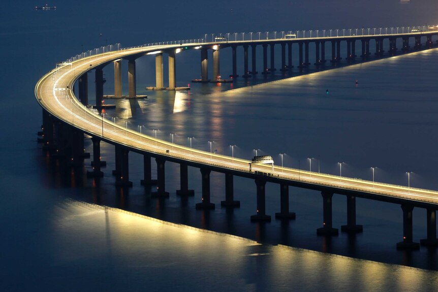 The world's longest sea bridge lit up in Hong Kong.