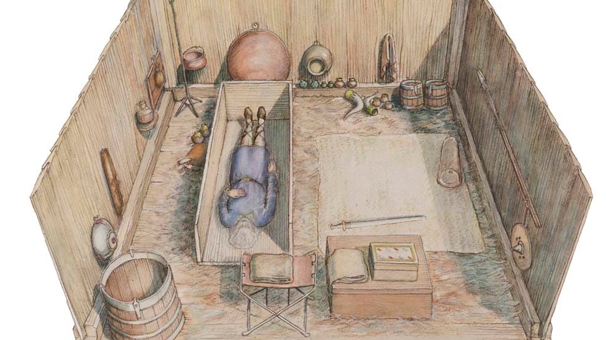 An artistic sketch showing the placement of objects in a tomb