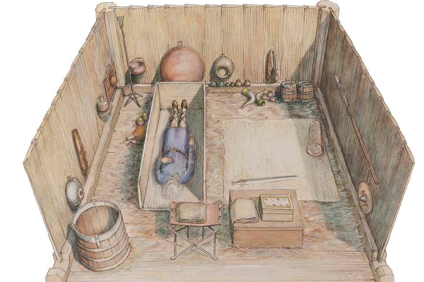 An artistic sketch showing the placement of objects in a tomb