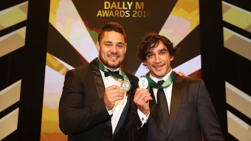 Jarryd Hayne and Johnathan Thurston with their Dally M Medals