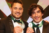 Jarryd Hayne and Johnathan Thurston with their Dally M Medals