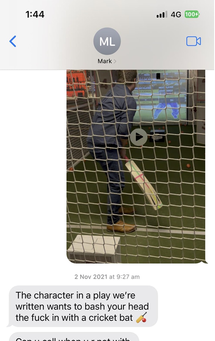 A message exchange showing a video of a person playing cricket and a response in text.