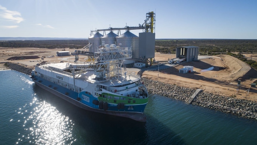 T-ports silo facilities and trans-shipment vessel at Lucky Bay on the Eyre Peninsula in South Australia. 