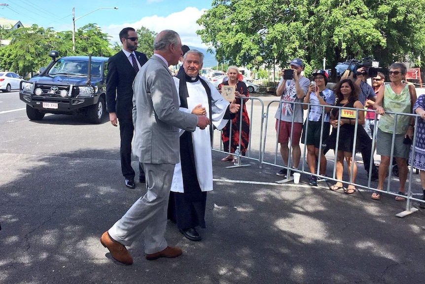 Prince Charles arrives at a church in Cairns in far north Queensland on April 8, 2018