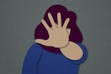 A drawn image of a woman with her hand obscuring her face.