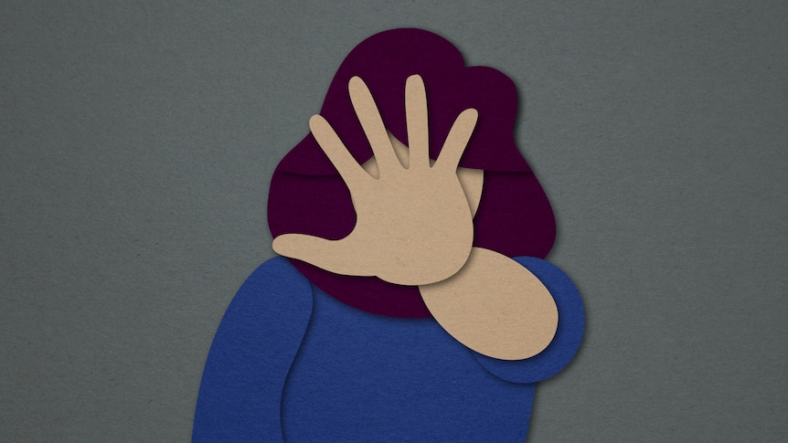 A drawn image of a woman with her hand obscuring her face.