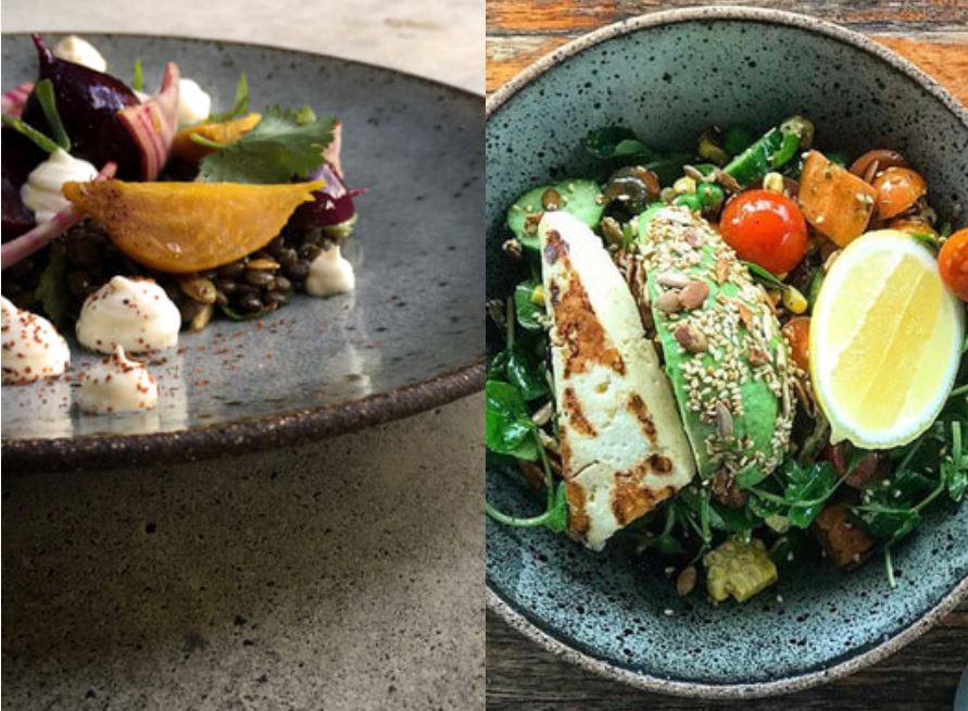 A composite image of ceramic plates with food on them at restaurants.