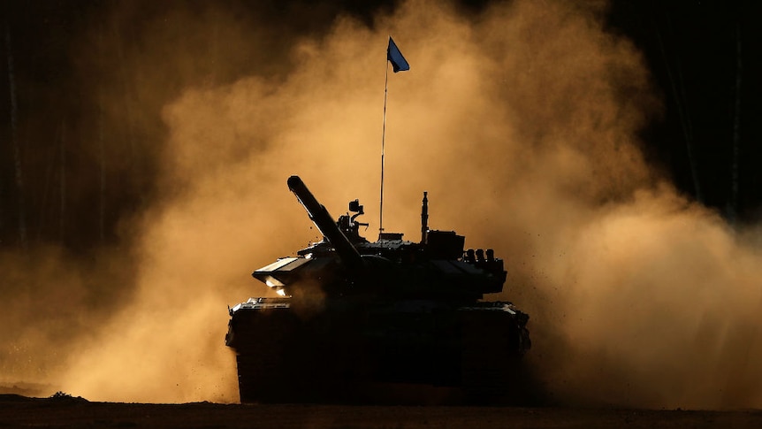 russian tanks through dust