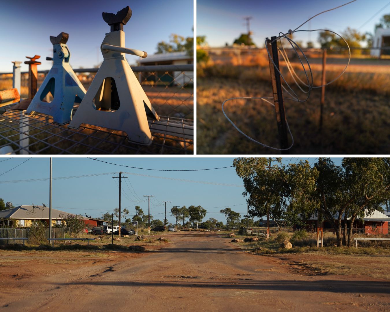 Bits of metal on a shelf, wire at sunset, outback street