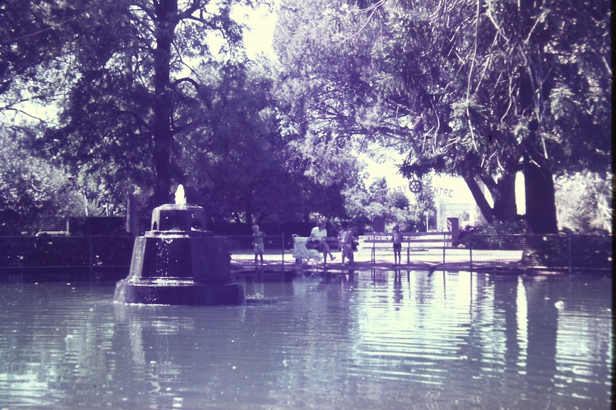 Foto antigua de una fuente en un estanque rodeado de árboles, una pasarela y algunos bancos