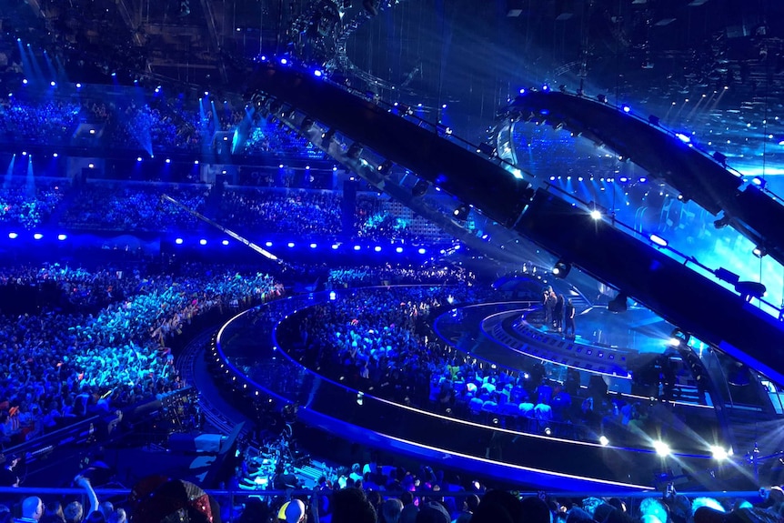 The 2018 Eurovision stage is seen to the right, with potentially hundreds of thousands of people in the crowd below.