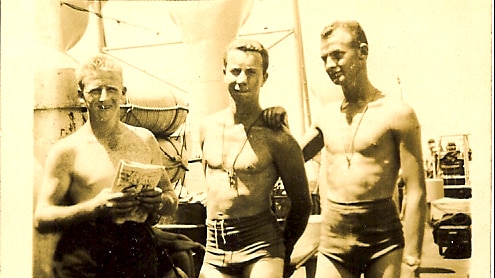 Ken Palmer (centre) and crewmates days before the atomic blast at the Montebello Islands.