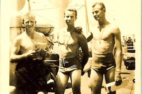 Ken Palmer (centre) and crewmates days before the atomic blast at the Montebello Islands.