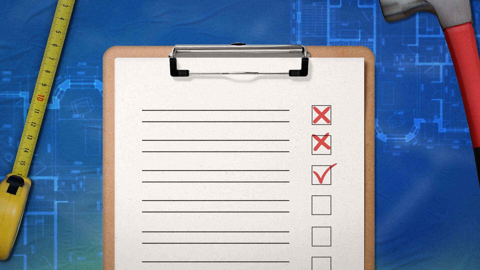 A checklist graphic with crosses and a tick and a measuring tape on one side and hammer on their other