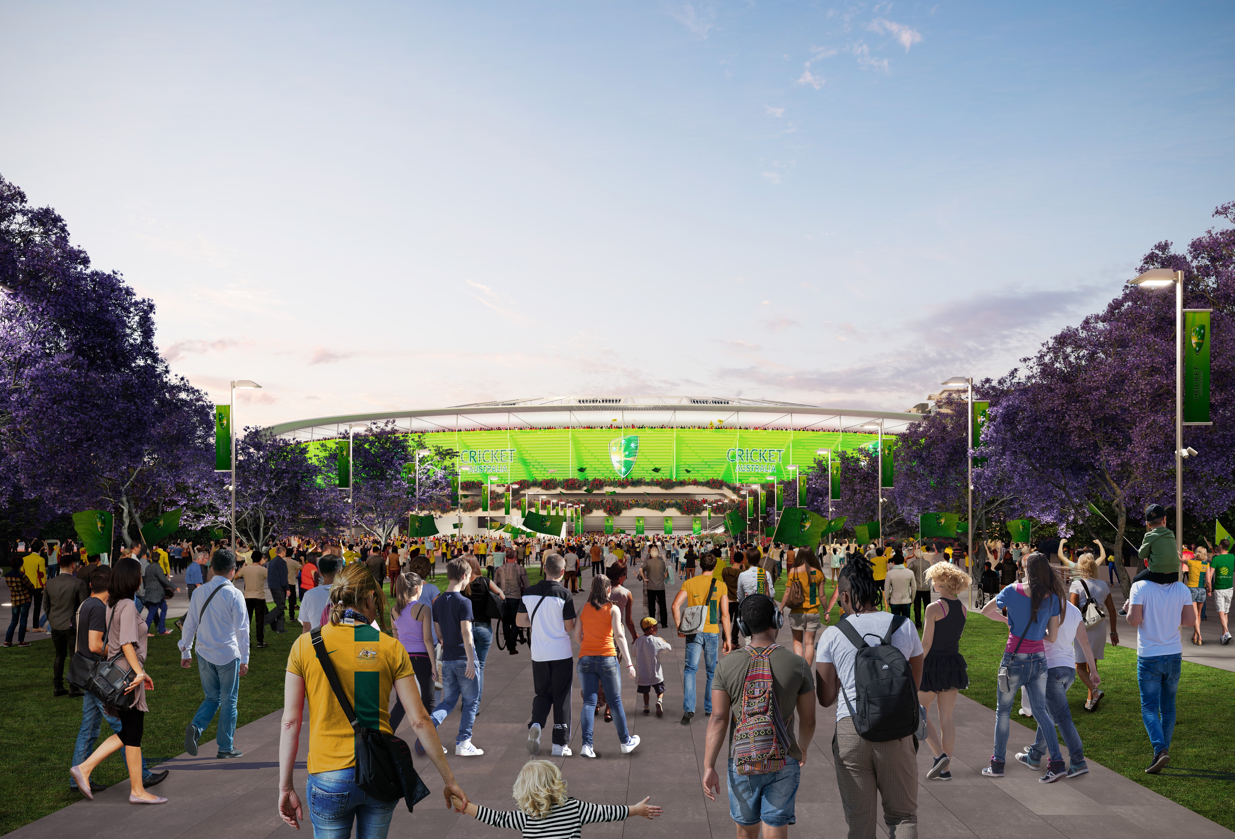 The Gabba redevelopment north-eastern view ahead of the 2023 Brisbane Olympic Games, stadium in background fans in foreground
