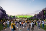 The Gabba redevelopment north-eastern view ahead of the 2023 Brisbane Olympic Games, stadium in background fans in foreground