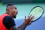 Nick Kyrgios argues with the chair umpire at the Miami Open