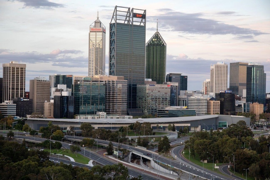 View of near empty freeway and city building from Kings Park