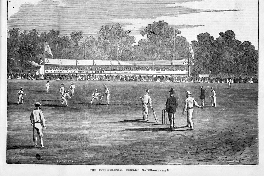 Black and white etching of an old-timey cricket match.