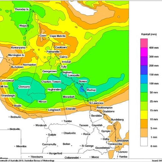 A map of Queensland with different colours over the top depicting different predicted rainfall totals.