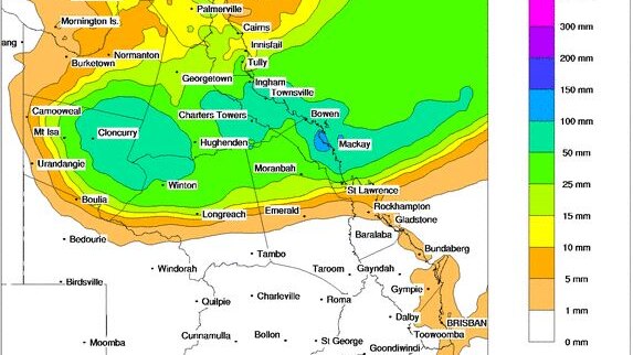 A map of Queensland with different colours over the top depicting different predicted rainfall totals.