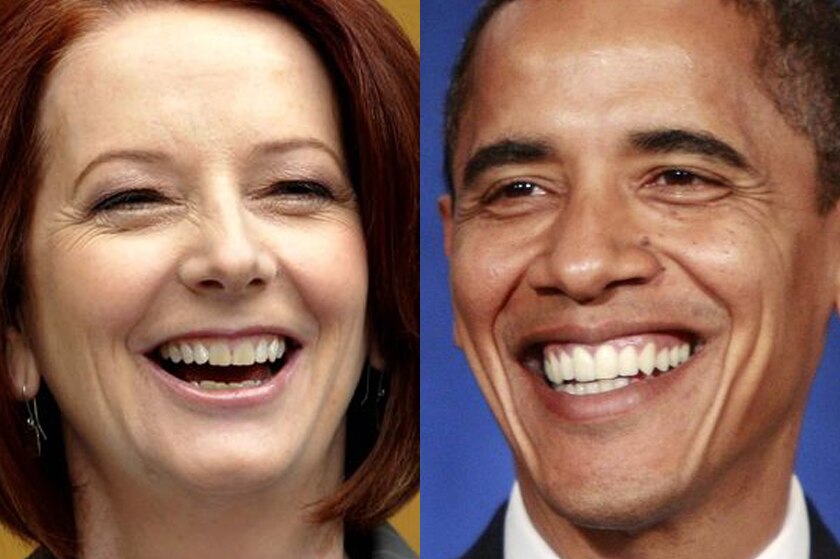 Composite photo of Julia Gillard and Barack Obama smiling (AAP, Reuters: Alan Porritt, Jason Reed)