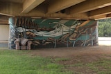 A large mural of platypus is painted on the underside columns of a bridge.