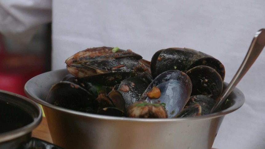 A close-up photo of a bowl of cooked mussels.