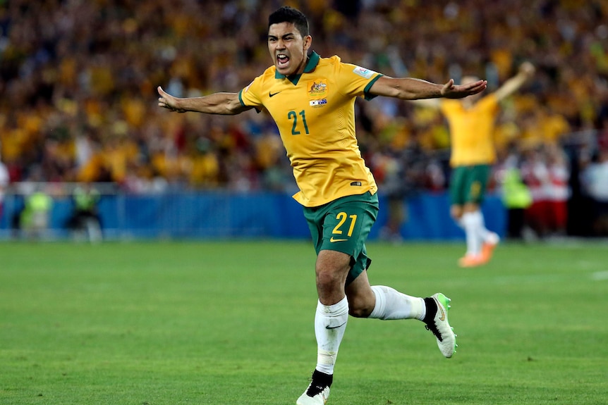 Massimo Luongo celebrates his goal for Australia in the 2015 Asian Cup final.