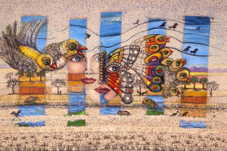 Landscape, tapestry-style artwork with bright coloured panels featuring birds and butterflies