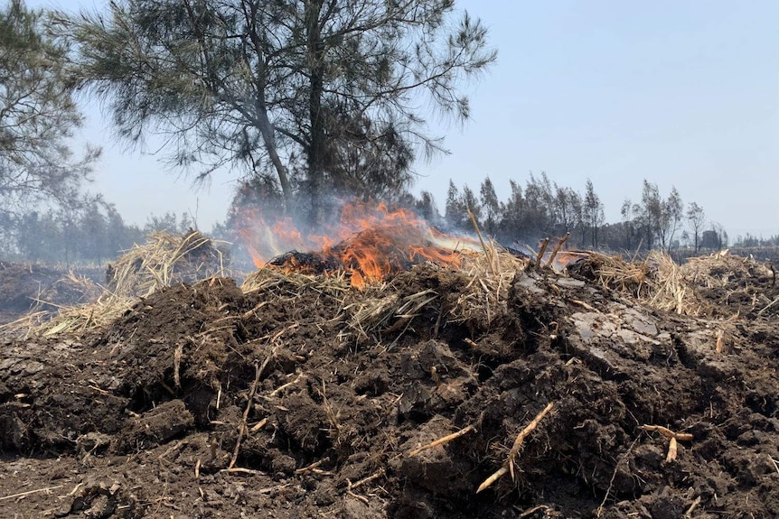 A fire smoulders from beneath a mound of peat and earth.