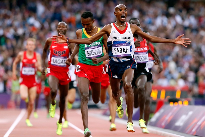 Mo Farah shows his joy as he wins the men's 5000m final at the London 2012 Olympic Games.