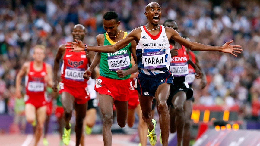 Mo Farah shows his joy as he wins the men's 5000m final at the London 2012 Olympic Games.